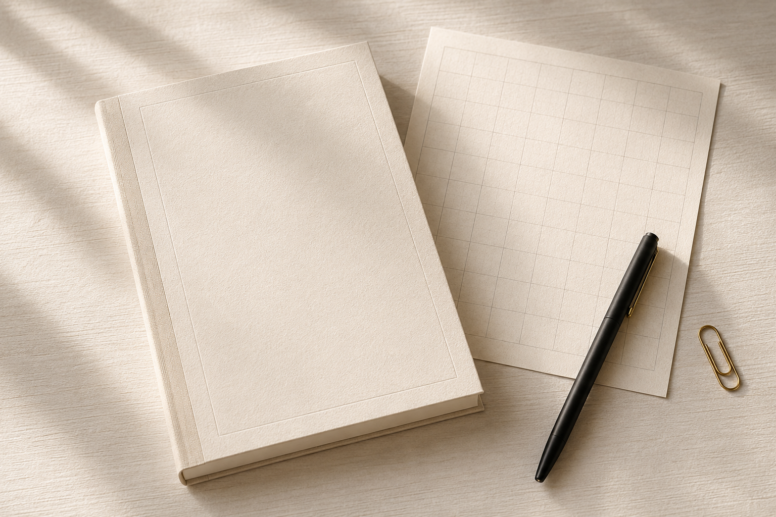 Planner marfil junto a un calendario y un bolígrafo negro